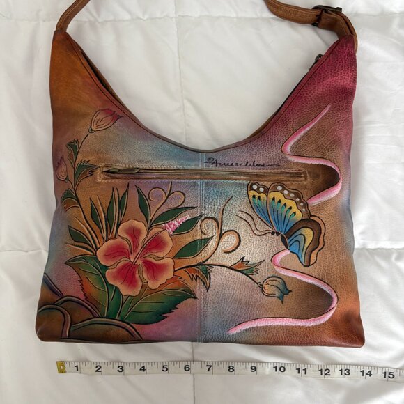 Anuschka Hand Painted Leather Satchel Bag Butterfly Floral Shoulder Bag - Picture 6 of 12